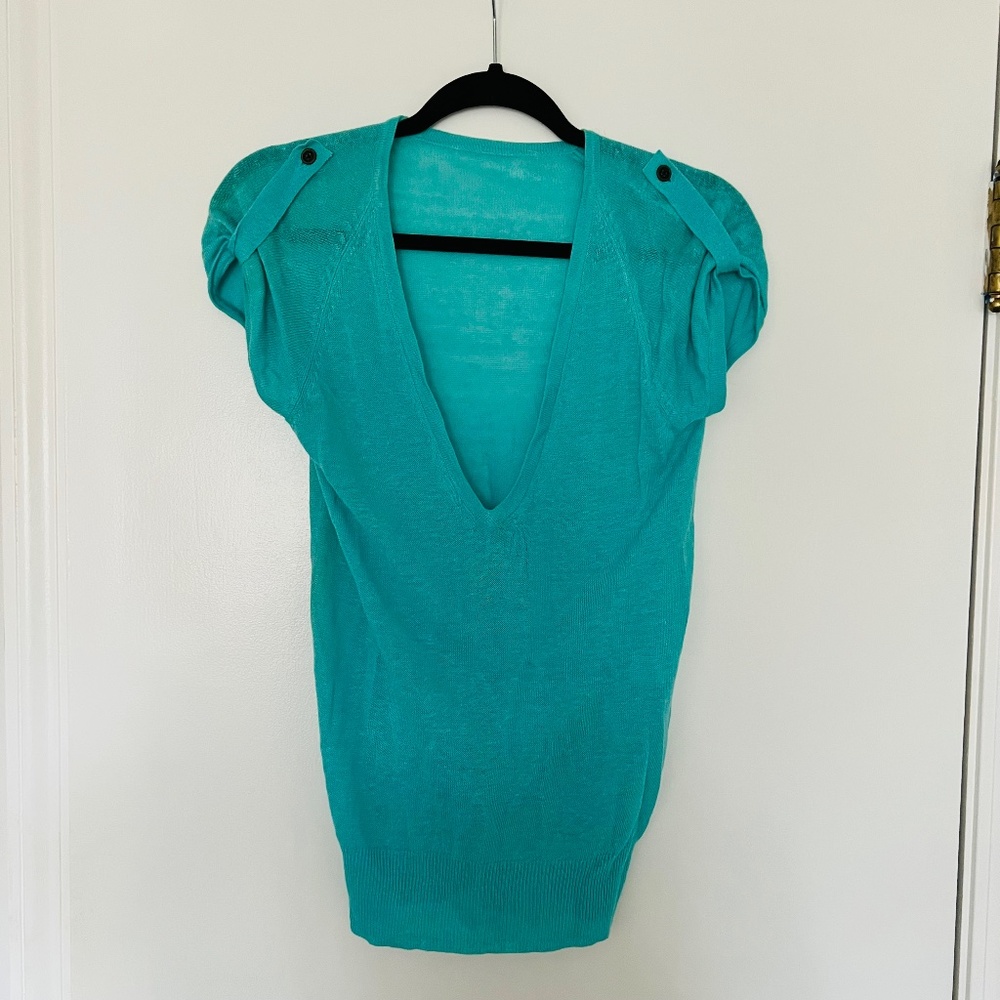 Vintage Aquamarine Turquoise V-neck knitted Sleeve Button Blouse Shirt
